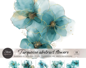 Turquoise Abstract Flowers Clipart, Blue Floral Watercolor Art, 32 JPG Commercial Use, Modern Botanical Printable, Scrapbooking Kit