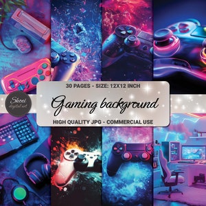 以下が含まれることがあります： ゲームをテーマにしたデジタルペーパーの背景30枚セット。背景には、ビデオゲームコントローラー、ネオンライト、その他のゲーム関連の画像が含まれています。ペーパーは30.48cm x 30.48cmで、高品質のJPGです。商用利用可能です。