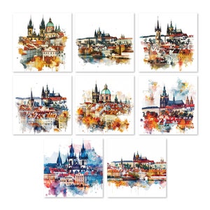 Prague watercolor clipart, old town cityscape illustration, Czech Republic printable art, gothic architecture digital image, white background.