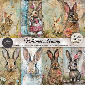 Digitala papper med nyckfulla kaniner - 30 unika blandade teknikdesigner, utskrivbara 8,5x11, scrapbooking, kommersiellt bruk