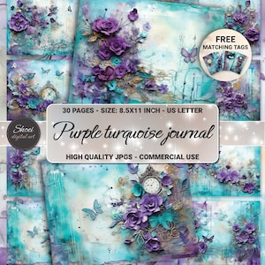 Fantasy Junk Journal Kit: Purple Turquoise Scrapbook Pages (Digital Download)