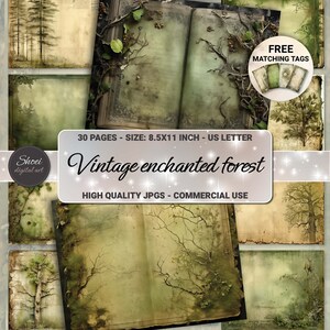 Enchanted Forest Junk Journal Kit - vintage plakboek digitaal papier, decoupage pagina's groene boom - afdrukbare mixed mediakunst - grungy oud