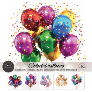 Colorful Balloons Clipart, Party Balloon PNG, Rainbow Confetti Balloons, Printable Birthday Decor, 32 JPG, Commercial Use