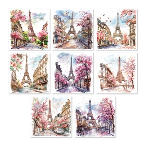 Paris watercolor clipart, Eiffel Tower illustration, cherry blossom art, French city print, printable JPG, white background.