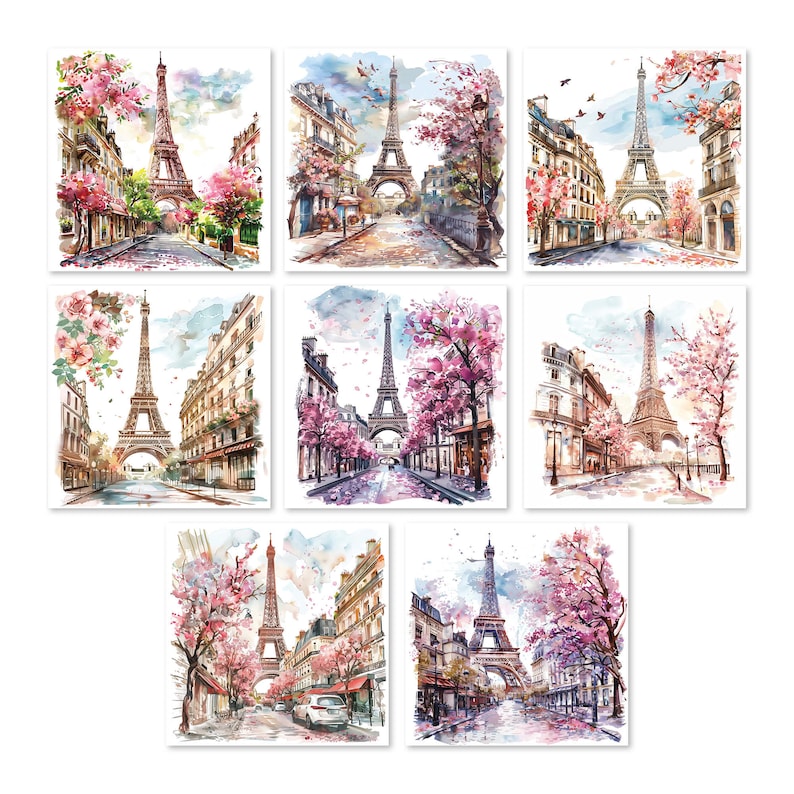 Paris watercolor clipart, Eiffel Tower illustration, cherry blossom art, French city print, printable JPG, white background.