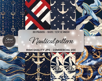Nautical Digital Paper Pack: Anchor & Ocean Designs (30 JPG, 12x12, Commercial Use)