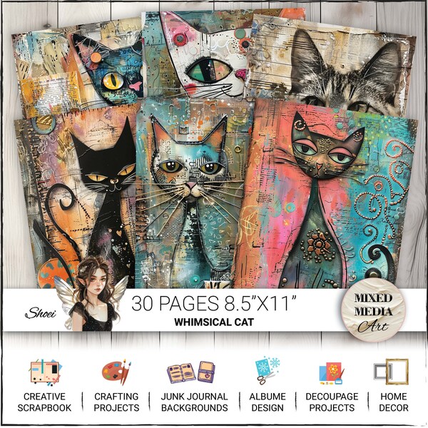 Whimsical Cat Collage Pack Digital Paper, 30 Pages Portrait size For Junk Journal Backgrounds, Scrapbooking, Art and Craft, Commercial Use