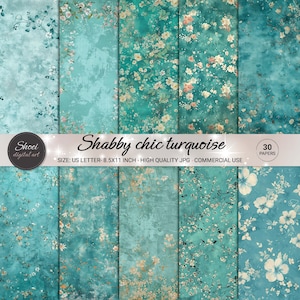 Shabby Chic Türkis Digitale Papiere - 30 Vintage Blumenmuster, Scrapbooking Hintergründe, Printable 8.5x11, Crafting JPG