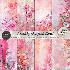 Shabby Chic Pink Floral Digital Papers - 30 design romantici con tecniche miste, sfondi floreali vintage, stampabili 8,5x11 JPG