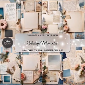 Papel digital vintage de diario basura, hojas de collage floral, páginas de álbumes de recortes efímeros, marcos Polaroid, fondos imprimibles, 30 x 30 cm, 30 JPG