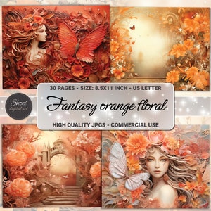 Ethereal Enchantment: Kit de diário de fantasia floral laranja - Papel digital para scrapbook, aquarela, Shabby Chic, 3D
