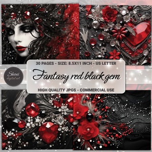 Fantasie rood zwarte diamanten edelsteen digitaal papier - 30 pagina's 8,5 x 11 - junk Journal, scrapbooking, kunst - commercieel gebruik