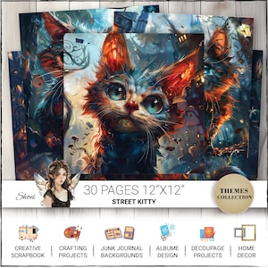 Ensemble de papier numérique Fantasy Kitty Cat : 30 pages pour journaux indésirables, scrapbooking, travaux manuels artistiques et créatifs, usage commercial - fantaisiste - modèles futuristes