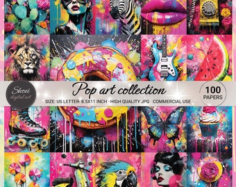 Pop Art Print drawing Theme Digital Paper, 100 Pages 8.5x11 size For Junk Journal Backgrounds, Scrapbooking, Art and Craft, Commercial Use