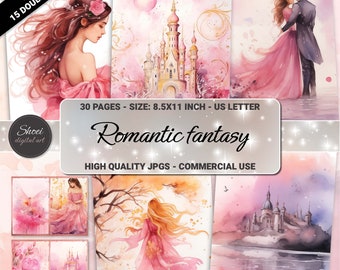 Watercolor Romance Fantasy Art: Castle, Floral Digital Paper (Digital Download)