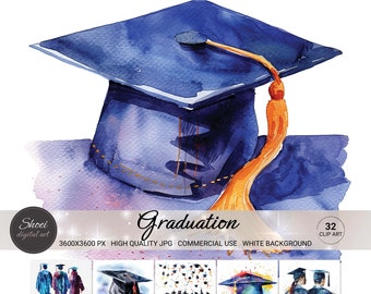 Watercolor Graduation Clipart: Caps, Gowns, Confetti (32 JPG, Commercial Use)