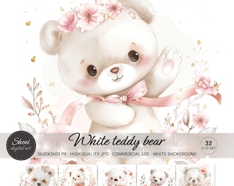 Clipart aquarel teddybeer: roze bloemen kinderkamerkunst (32 JPG, commercieel gebruik)
