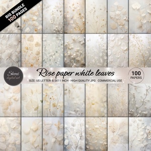 Rise Paper White Leaves Digital Papers - 100 delicati disegni di foglie, sfondi eleganti, scrapbooking, stampabili 8,5x11 JPG