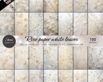 Rise Paper White Leaves Digital Papers - 100 Delicate Leaf Designs, Elegant Backgrounds, Scrapbooking, Printable 8.5x11 JPG