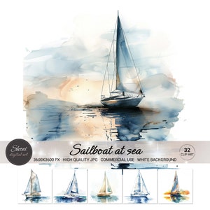 32 Collezione di clipart di acquerelli di barche a vela in mare - Carte digitali per arte e artigianato, scrapbooking, creazione di biglietti - Download immediato