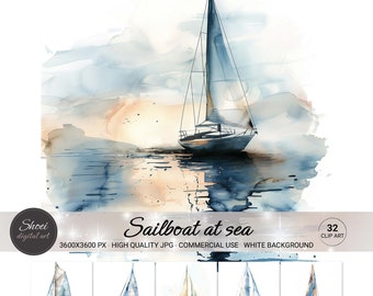 Sailboat Clipart, Watercolor Sailboat at Sea, Nautical Art Printable JPG, Ocean Yacht Illustration, Coastal Wall Decor, Commercial Use