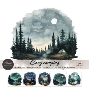 Gemütliches Camping Aquarell Clip Art | 30 Serene Nighttime Forest & Campsite Illustrationen für Dekor, Poster und Kunsthandwerk - Kommerzielle Nutzung