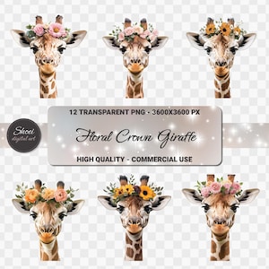 Giraffe Clipart PNG Set, Floral Crown Giraffe Art, Cute Baby Giraffe Illustration, Nursery Decor, Transparent Background, Digital Download