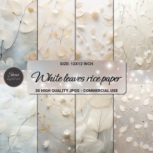 White Leaves Mulberry Rice Paper 12X12 Digital Paper Set - Scrapbooking, Junk Journal, Mixed Media Art, Floral Texture - Instant Download