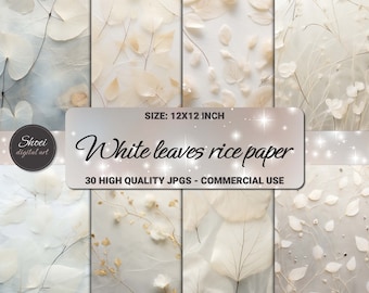 White Leaves Rice Paper: 12x12 Floral Digital Paper (Instant Download)