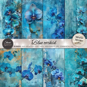 Blaue Orchideen-Digital-Papiere - 30 exotische Blumenmuster, künstlerische Hintergründe, bedruckbar 8.5 x 11, Mixed Media Art JPG, Exquisite Craft