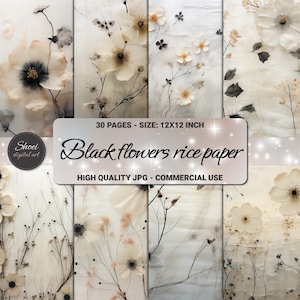 Digitaal pakket zwarte bloemen rijstpapier, 12 x 12 elegante bloemenachtergronden, afdrukbare kunst in Japanse stijl, neutrale botanische plakboekkit