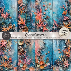 Coral Reef Digital Paper: 30 Mixed Media Ocean Designs (8.5x11 JPG)