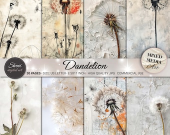Dandelion Digital Paper Set: 30 Whimsical Art Backgrounds (8.5x11 JPG)