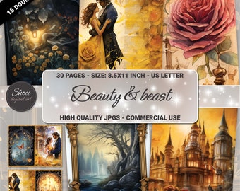 Pode incluir: Uma colagem de arte digital com ilustrações da história de A Bela e a Fera. A colagem inclui uma rosa, um castelo, um casal dançando e uma cena de floresta. O texto "Beauty & beast" está escrito em uma fonte decorativa.