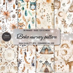 Papel digital bohemio para guardería, fondos de bosque para bebé de 30 x 30 cm, bonito álbum de recortes bohemio imprimible, kit de decoración para habitación infantil neutra