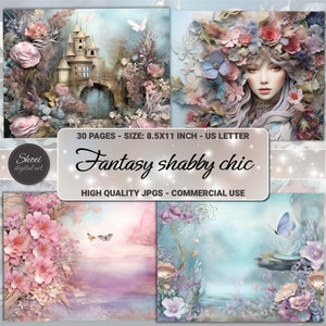 Fantasy Shabby Chic Azure Floral Digital Paper Pack - 30 Páginas 8.5x11 - Diario basura, Álbum de recortes, Arte, Uso comercial