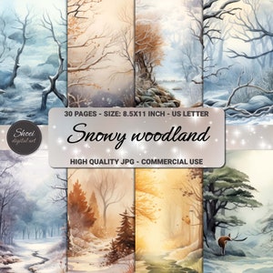 Papeles digitales encantadores de bosques nevados: 30 impresiones de alta calidad, tamaño carta (EE. UU.), ideales para scrapbooking y manualidades, uso comercial.