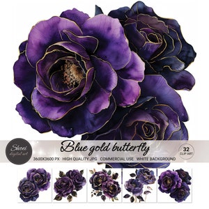 Blue Gold Roses Clipart: Dark Floral Watercolor Art (32 JPG, Commercial Use