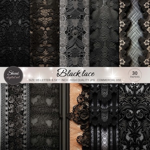 Black Lace Digital Papers - 30 Elegant Lace Designs, Gothic Scrapbooking Backgrounds, Printable 8.5x11, Dark Crafting JPG