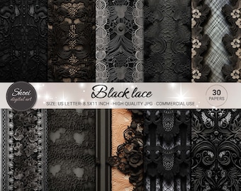 May include: A set of 30 digital papers featuring black lace patterns. The papers are 8.5x11 inches and are high quality JPGs. They are for commercial use.