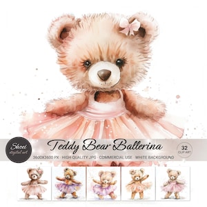 Teddy Bear Ballerina Clipart, Cute Ballet Bear PNG, Watercolor Nursery Wall Art, Girl Birthday Decor, 32 JPG, Commercial Use