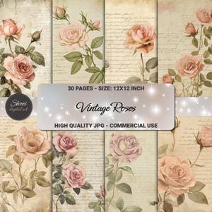 Papel digital de rosas vintage, fondos florales antiguos, página imprimible de rosas de 30 x 30 cm para álbum de recortes, kit de diario romántico, flores shabby chic