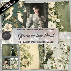 Vintage groene bloemen digitale papiercollectie - Victoriaanse vogels schoonheid voor mixed mediakunst, ongewenste tijdschriften, scrapbooking-