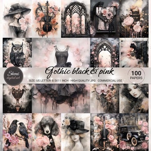 Gothic Black and Pink Digital Paper: Floral Junk Journal Kit (100 Pages)