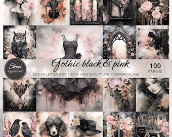 Gothic Black and Pink Mixed Media Art Kit For Junk Journal, Digital Paper, Decoupage Paper, Scrapbooking Paper, Watercolor, Beauty, Floral