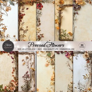 Geperste bloemen digitaal papierpakket - 30 vintage botanische achtergronden, 8.5 x 11 JPG, Floral Scrapbooking, Junk Journal, Commercieel gebruik