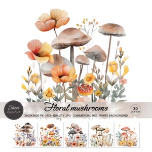 Bezaubernde Blumenpilze Clipart - Ideal für botanische Drucke, DIY Handwerk, digitaler Download - hochwertige, einzigartige Pilz Kunst JPG