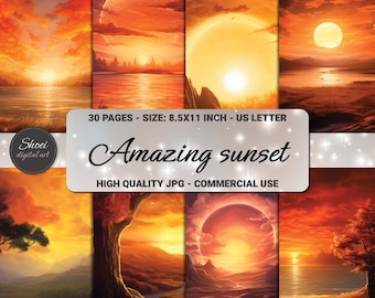 Papel digital Sunset: 30 páginas imprimibles de 8,5 x 11 para diario basura (uso comercial)
