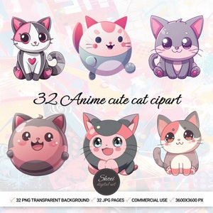 Pink Cartoon Cat Clipart Bundle for Crafts, Stickers, Digital Planner - 32 Characters with Transparent Backgrounds - High Quality PNG Files