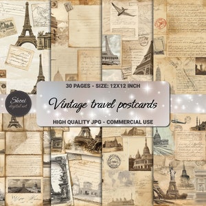 Collection de papiers numériques de cartes postales de voyage vintage - 30 pages pour des journaux créatifs et des projets de scrapbooking - téléchargement immédiat